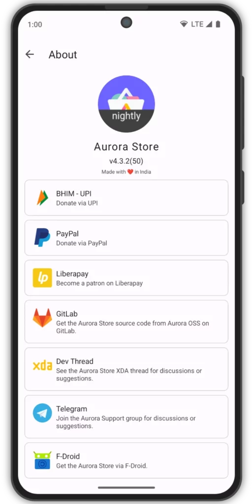 Menú principal de Aurora Store